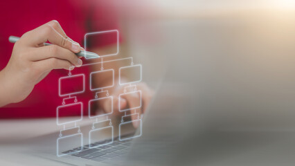 Women touch virtual screens of flowcharts for business processes and workflow with flowchart and processing management concepts.