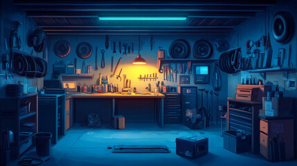 Cartoon garage interior design at night. Vector illustration of dark auto repair shop with pit illuminated by lamp light, instruments on wall, car tyres on shelf and box with equipment on floor