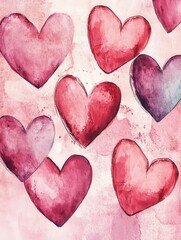 Obraz premium Valentines day watercolor abstract hearts background banner, delightful boho illustration, artistic doodle. Panoramic web header with copy space. Wide screen wallpaper