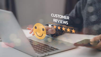 Rating Customer Satisfaction Online. Women interacting with customer satisfaction rating interface...