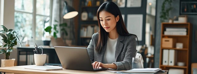 Fototapeta premium A woman works on a laptop at a home office desk smiling, focused on her work, surrounded by a business atmosphere