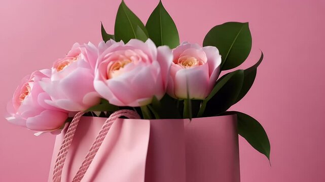 flat lay featuring shopping bag gift box peony flower elegantly placed pastel pink background with ample copy space