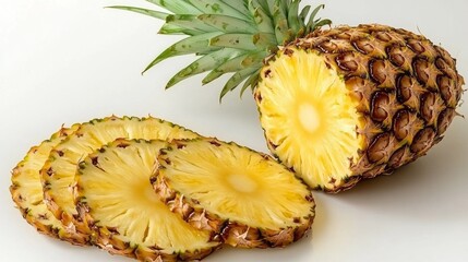 A vibrant whole pineapple, complete with its green crown, sits alongside perfectly cut yellow fruit slices. The smooth surface highlights the juicy, tropical essence of this delicious treat