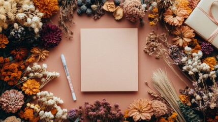 Crafting Inspiration: Pink Notepad Surrounded by Dried Flowers, Perfect for Creative Writing or Note-Taking