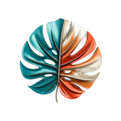 Abstract Tropical Monstera Leaf in Teal, Orange, and White  Modern Digital Art