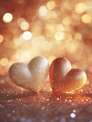 Fototapeta premium Two glitter heart shape with bokeh background valentine day concept
