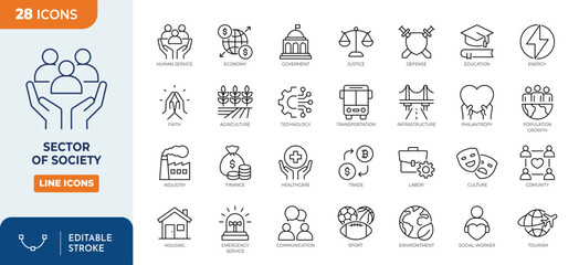 Sector of society icon set. Containing agriculture, education, healthcare, energy, technology, transportation, arts, justice and more. Outline Icon Collection. Vector illustration. Editable stroke	