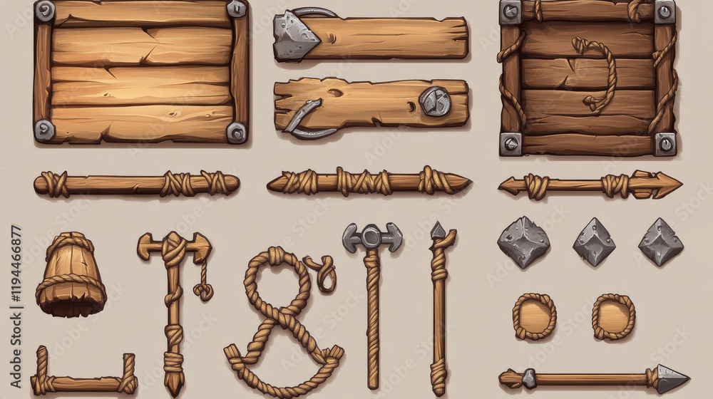Poster wooden game buttons, menu interface made of wood textured boards with ropes and vines. ui or gui gra
