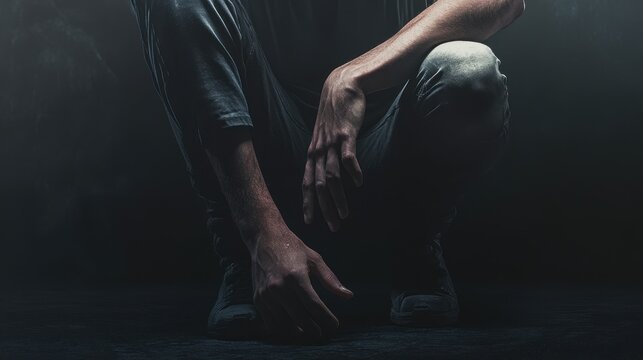 Mysterious young male crouching in dark atmosphere with focused light