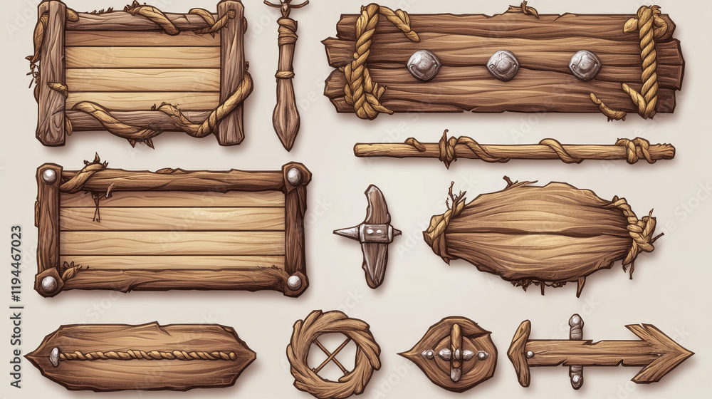 Poster wooden game buttons, menu interface made of wood textured boards with ropes and vines. ui or gui gra
