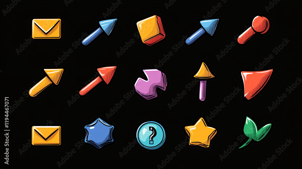 Poster set of game cursors or pointers icons, click arrows graphic design elements for user interface navig