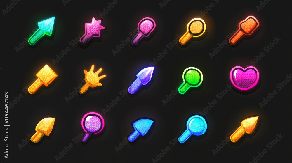 Poster set of game cursors or pointers icons, click arrows graphic design elements for user interface navig