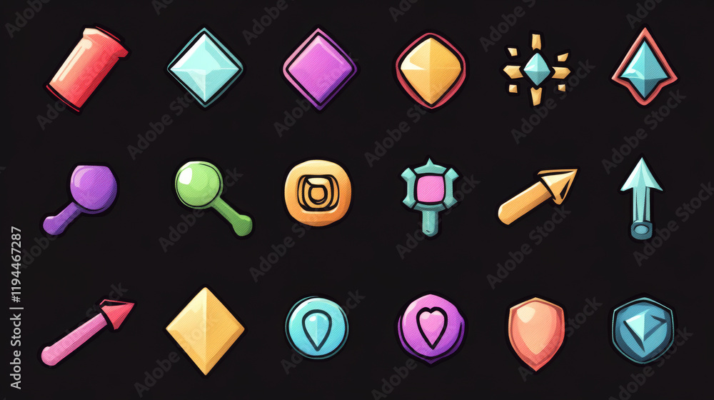 Poster set of game cursors or pointers icons, click arrows graphic design elements for user interface navig