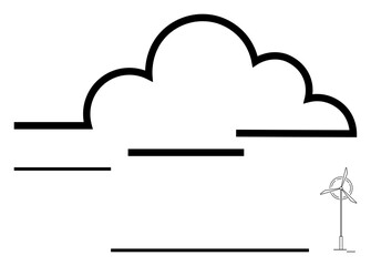 Cloud outline and wind turbine in minimal line art. Ideal for sustainability, renewable energy, eco technology, clean energy, climate change, green power, abstract line flat metaphor
