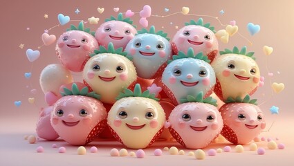 Obraz premium Charming collection of cute strawberry characters with big smiles and playful expressions in pastel colors