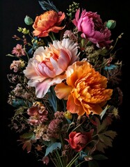 Expensive vintage bouquet featuring a stunning collection of beautiful flowers, elegantly arranged with vibrant colors, delicate textures, and timeless charm, all set against a dramatic and luxurious 