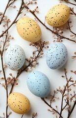 Fototapeta premium Colorful Easter eggs and willow branches on a clean white background
