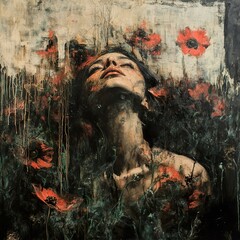 Surreal Woman in Red Poppies: A Dreamlike Portrait