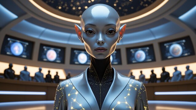 Alien being stands in a futuristic meeting room surrounded by advanced technology and observers, focused on intergalactic communication and exploration