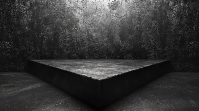 Dark, textured room with a triangular platform in the center, ideal for presentations or displays