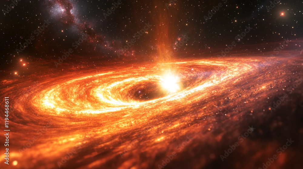 Poster galaxy formation with swirling dust and bright luminous core in distant outer space view