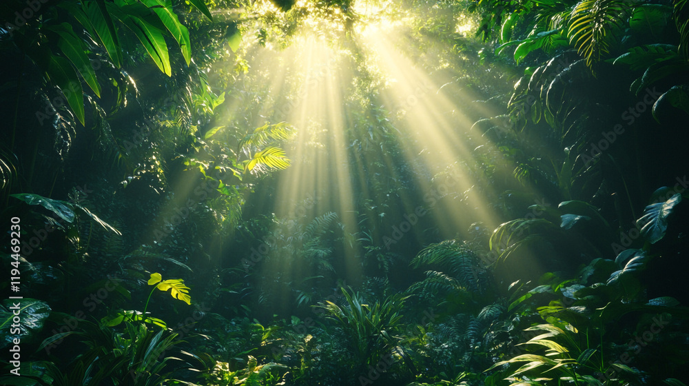 Poster sunlight filters through dense jungle foliage creating a magical atmosphere in nature