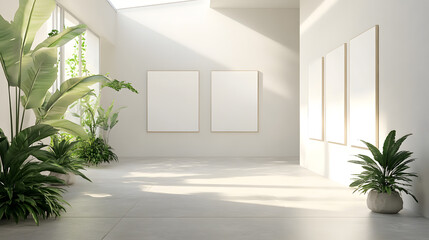 Bright corridor with minimalist design and greenery accents.