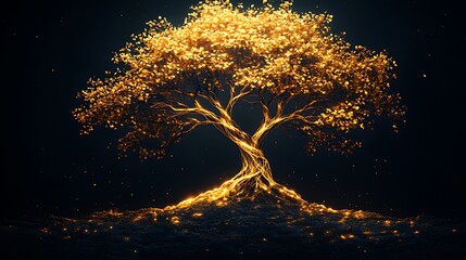 Golden tree glowing dark background, digital art, website banner