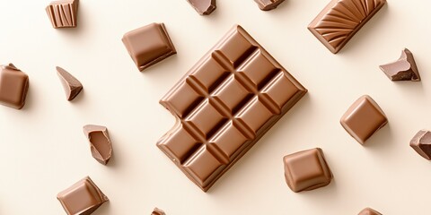 Milk Chocolate Bars with Artistic Chunks. Glossy Pieces Scattered on Neutral Background. Ideal for Confectionery Advertising, Recipes, and Food Photography. AI generated