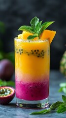 Fototapeta premium Bright hues of tropical fruit blend beautifully, creating a refreshing juice layered with sweet mango and tangy passion fruit. Served cold, it awakens the senses