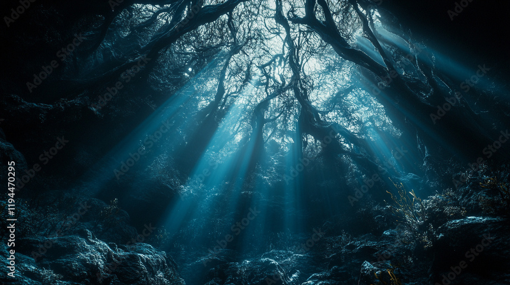 Poster mysterious forest with glowing light filtering through dense trees at dusk