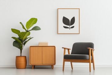 Mid Century Modern Living Room with Gray Armchair and Fiddle Leaf Fig Plant