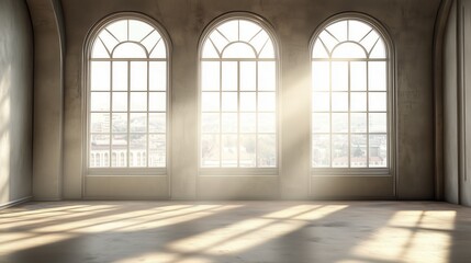 The warm glow of sunlight streams through expansive windows into an empty room, accentuating the unique texture of the walls.