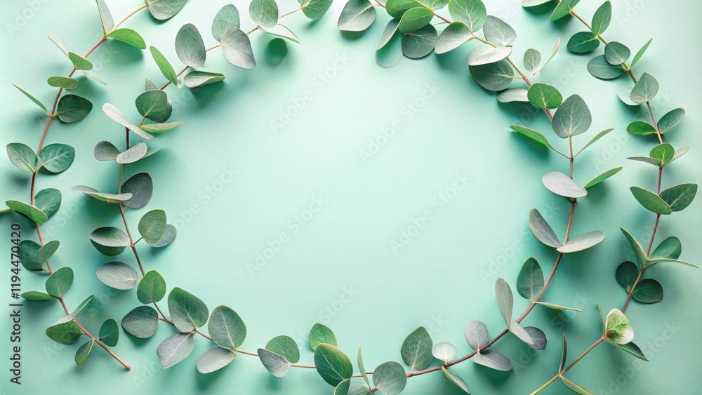 Aufkleber A circular arrangement of fresh eucalyptus branches on a light green background creating a frame for text or design elements.