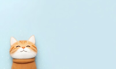 Happy ginger cat wearing a turtleneck sweater against a light blue background