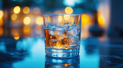 Refreshing whiskey on ice in a cozy outdoor setting at sunset