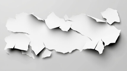 Realistic set of white paper pieces isolated on grey background. Vector illustration of abstract shape sheets with torn uneven edges, destroyed blank photo template, waste material for recycling