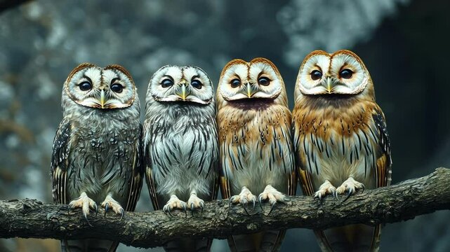 Four owls perched on a branch in a natural forest setting. Diverse plumage and attentive expressions. International Owl Awareness Day, Festival of Owls Week