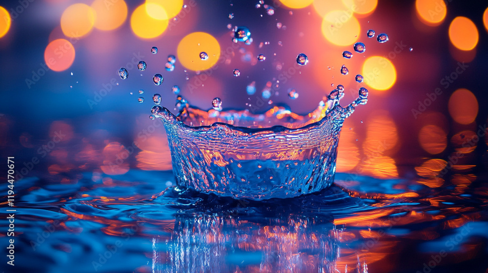 Poster creative splash of water with colorful bokeh lights reflecting in the background