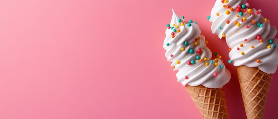 Fototapeta premium Two Soft Serve Ice Cream Cones with Sprinkles on Pink Background