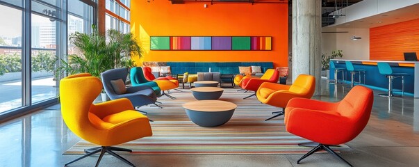 Modern office lounge with colorful chairs and bright orange wall