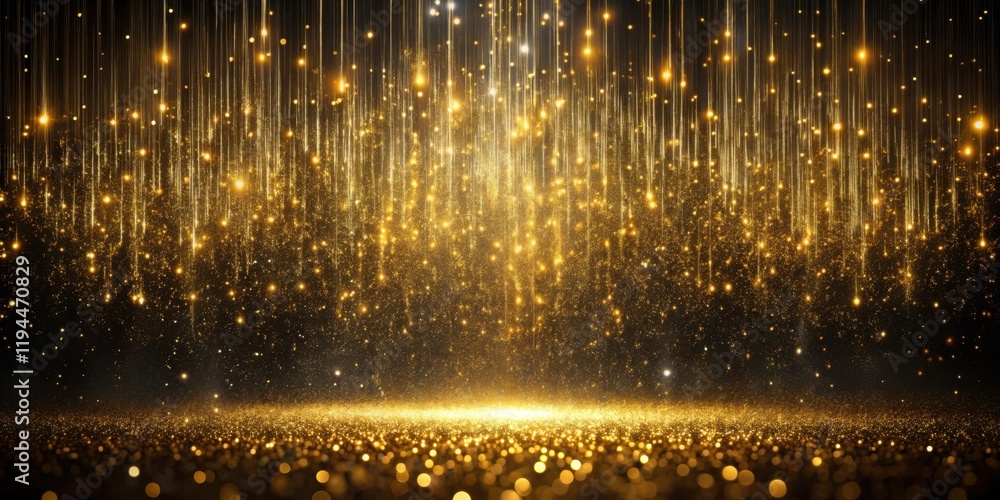 Poster a dramatic background of shimmering golden lights and glittering particles falling onto a sparkling 