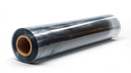 Roll of transparent plastic wrap on a white background, showcasing its smooth surface and cylindrical shape