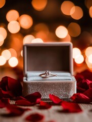 A close-up of a sparkling engagement ring in an open velvet box, surrounded by soft-focus fairy lights and red rose petals