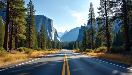 Naklejka premium Scenic Highway Through Majestic Yosemite Valley Mountains
