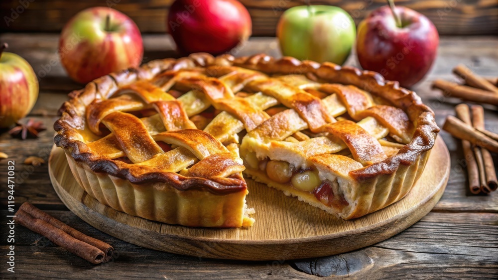 Poster A Freshly Baked Apple Pie with a Flaky Crust and a Single Slice Removed, Displayed on a Rustic Wooden Table with Cinnamon Sticks and Fresh Apples