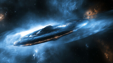 Spaceship gliding through cosmic clouds in a vibrant nebula during interstellar travel