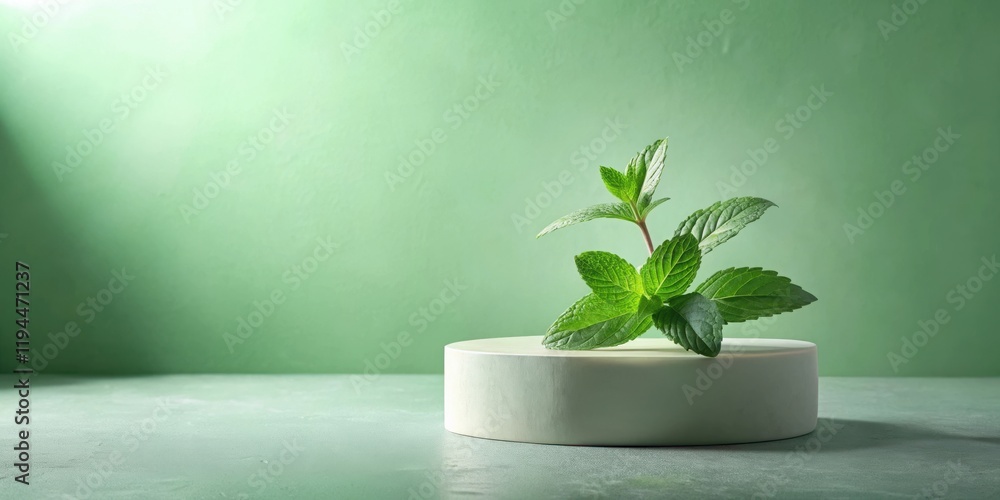 Poster a fresh sprig of mint resting on a simple white cylinder against a soft green backdrop.