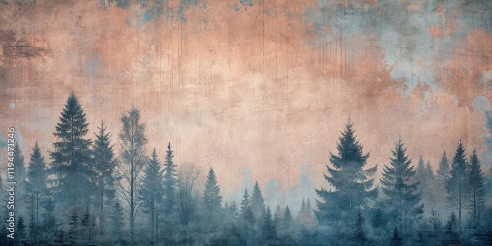 Poster a glimmer of sunlight through the trees in a foggy forest with a vintage texture