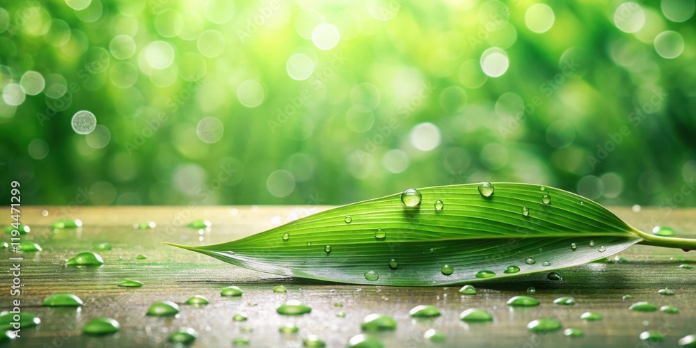Poster A Single Green Leaf Covered in Dew Drops Resting on a Wooden Surface with a Soft, Bokeh Background of Lush Greenery